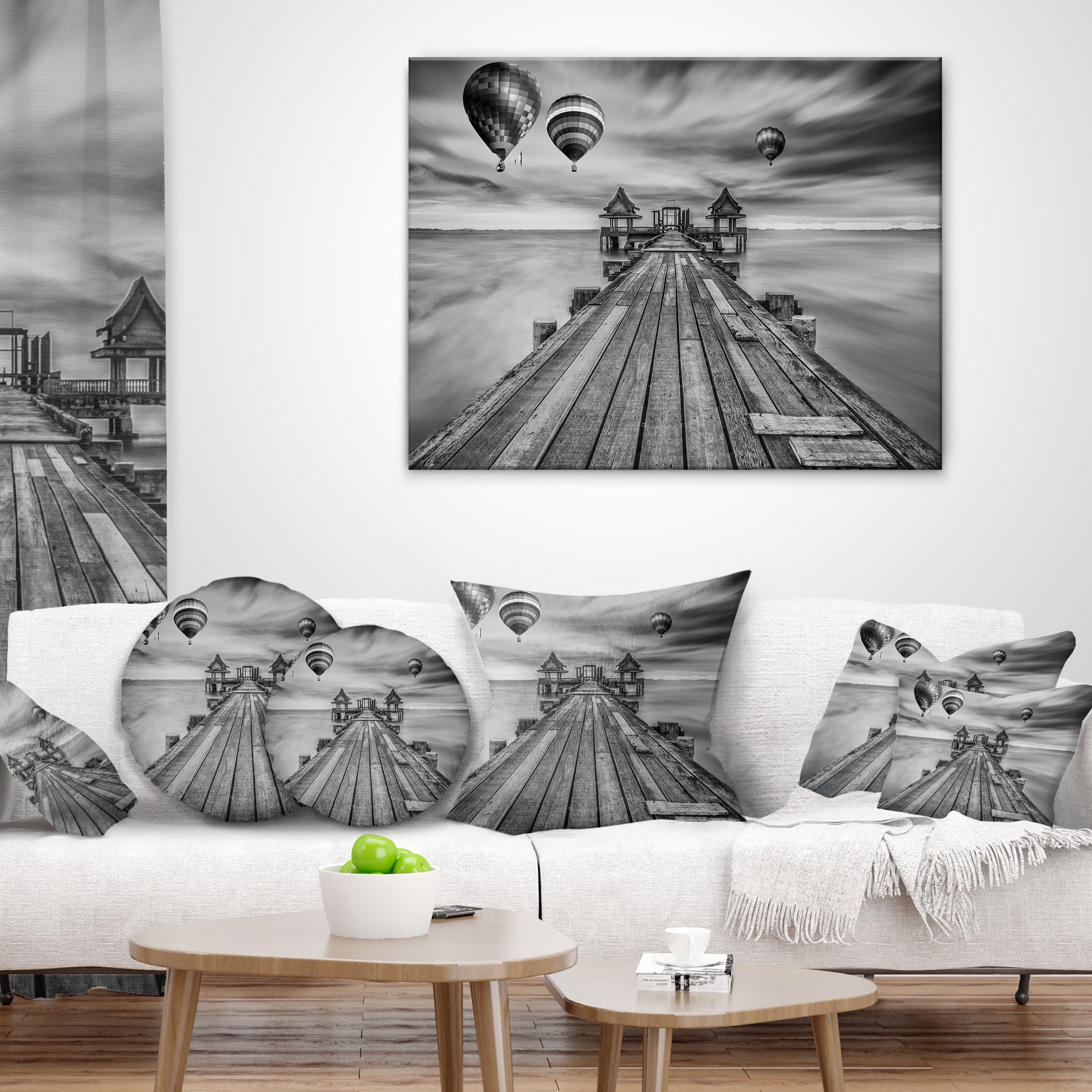Designart Wood Bridge in Port between Sunrise - Sea Bridge Throw Pillow - 18x18