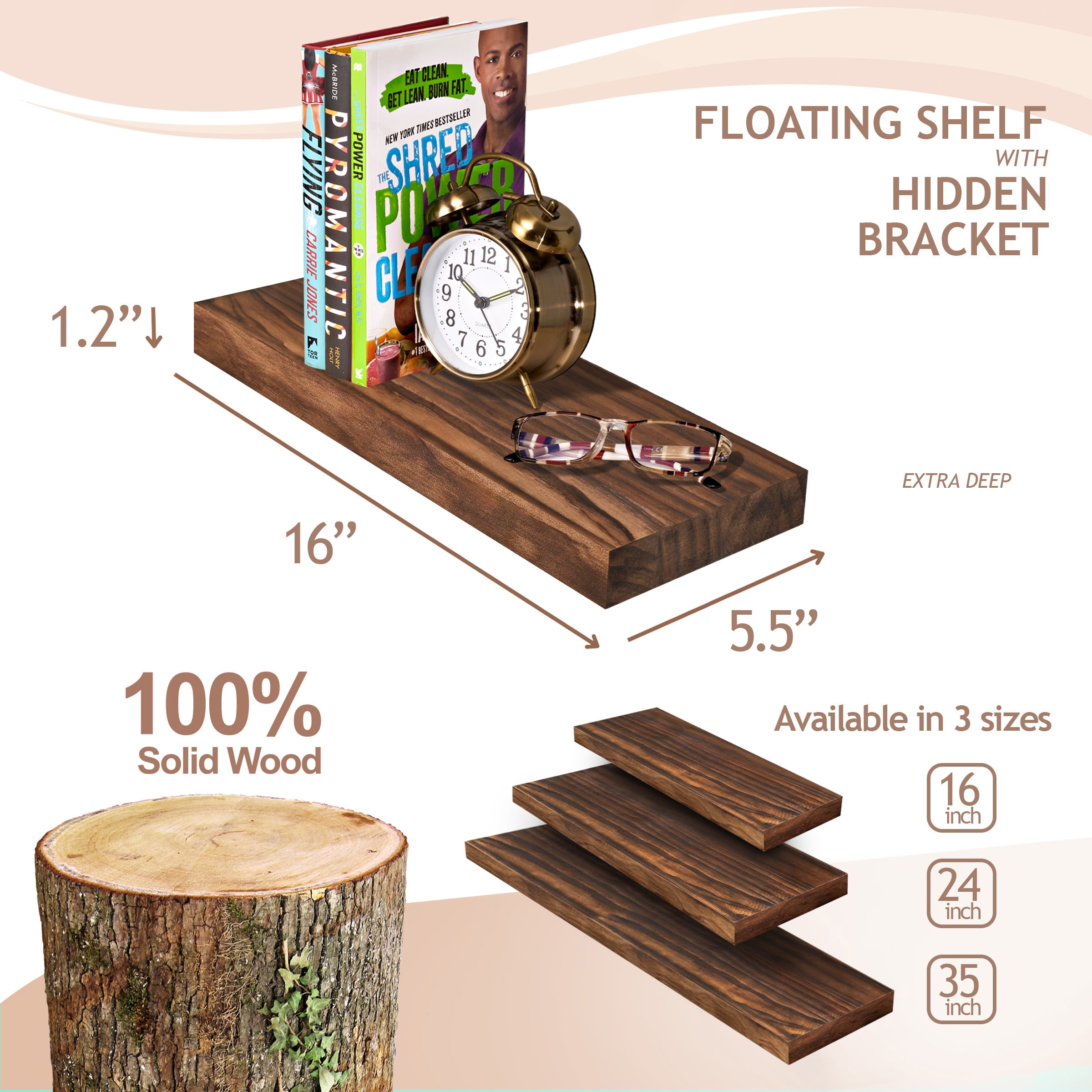 Sorbus Wood Floating Shelves for Wall - 16” Solid Wood Wall Shelves for Bathroom Decor, Books, Bedroom & Living Room - Set of 2 Wall Mounted Kitchen Shelves - Durable 100% Premium Solid Pine