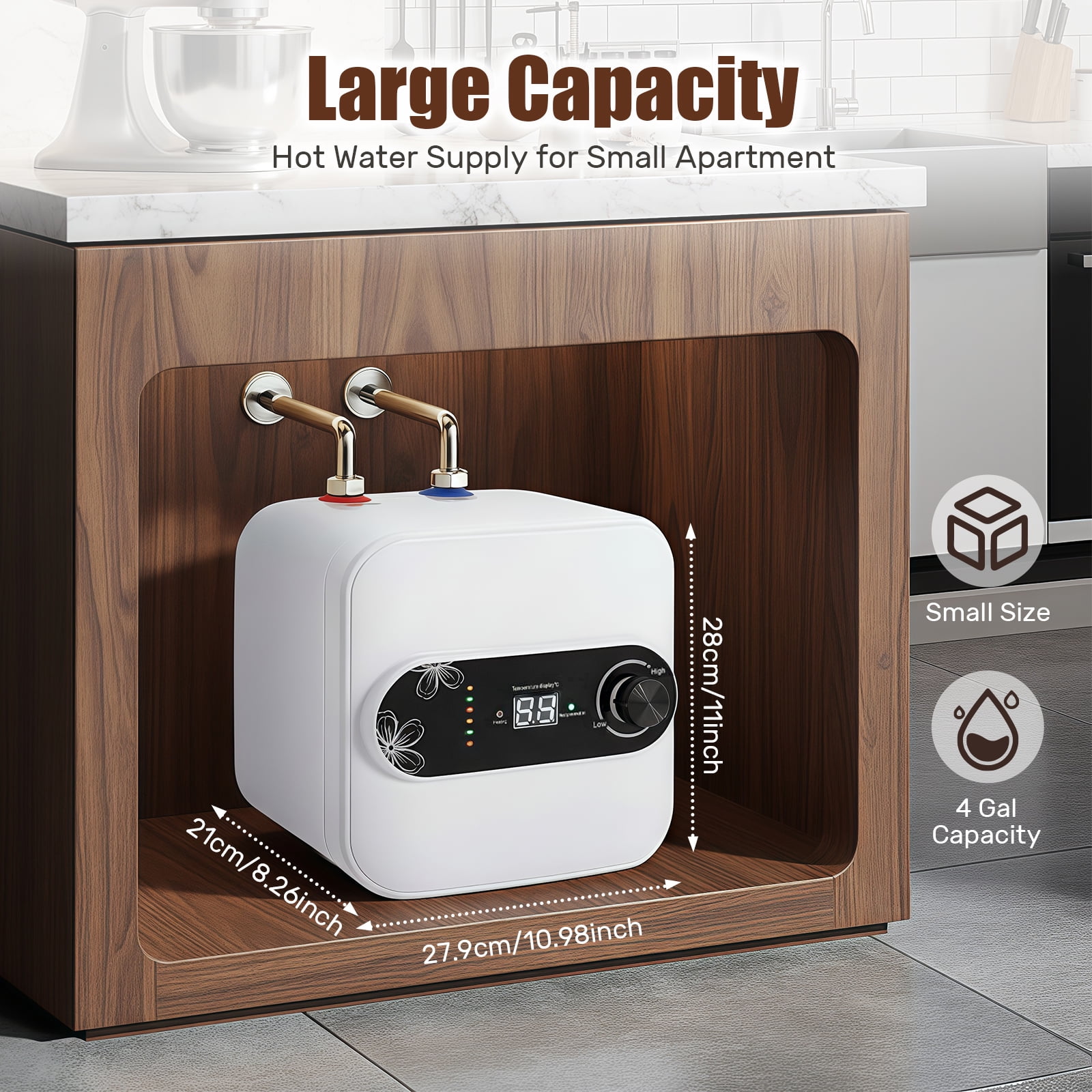 Instant Hot Water Heater 4 Gallon, 1500W Electric Mini Tank Water Heater for RV, Rapid Heating with Auto Shut-Off, IPX4 Waterproof, 150 Psi Pressure Resistance