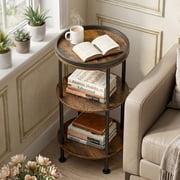 Side Table, Small Round End Table for Narrow and Small Space, 3-Tier Round Accent Couch Beside Table, Modern Side Table Corner Sofa Table Nightstand for Living Room Bedroom (Rustic Brown)