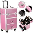 thumbnail image 3 of Rolling Makeup Train Case 4 Tiers, Lockable Aluminum Makeup Travel Organizer Cosmetic Case with Extendable Trays Size 14" L x 9" W x 22.4" H Rose Pink, 3 of 18