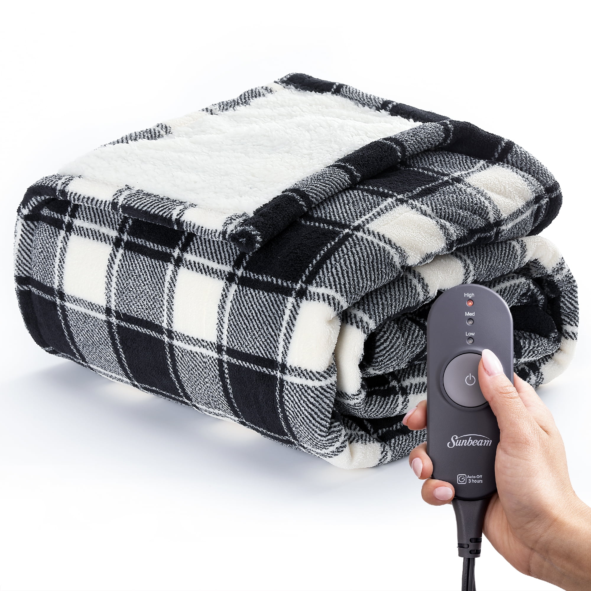 Sunbeam Heated Electric Throw Blanket, Cozy Sherpa, Black Buffalo Checker, 50" x 60"