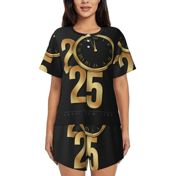 Logiee 2025 Happy New Year Print Womens Pajamas Set,Short-Sleeve Pajama 2 Piece Sleepwear with Pockets-Small