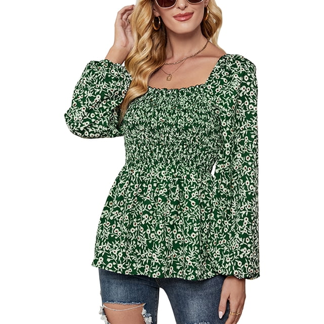Blusa de mujer elástica con cuello cuadrado floral y manga larga abullonada con dobladillo con volantes y espalda descubierta para citas Verde XL