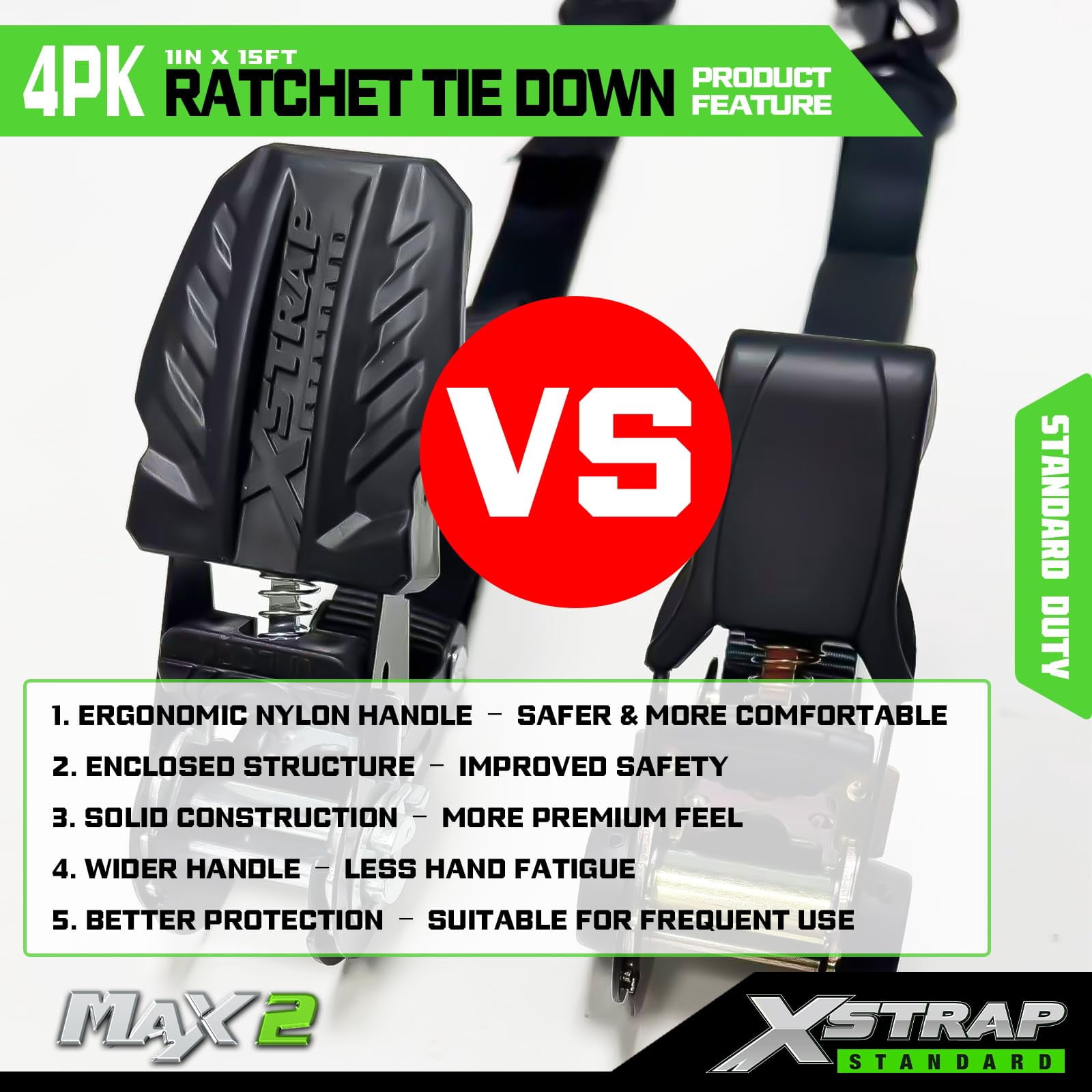XSTRAP STANDARD Motorcycle Ratchet Tie Down Straps - 4 Pk 1'' x 15 Ft 1890 Lbs Break Strength-Cargo Straps with Integrated Soft Loops, Padded Handles & Coated Safety Clip for Motorcycle, Truck(Black)