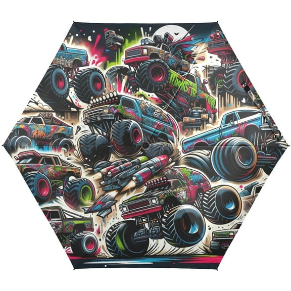 JSTEL Monster Trucks Cartoon Graffiti Folding Umbrella for Rain Sun Travel Mini Lightweight Compact Umbrellas