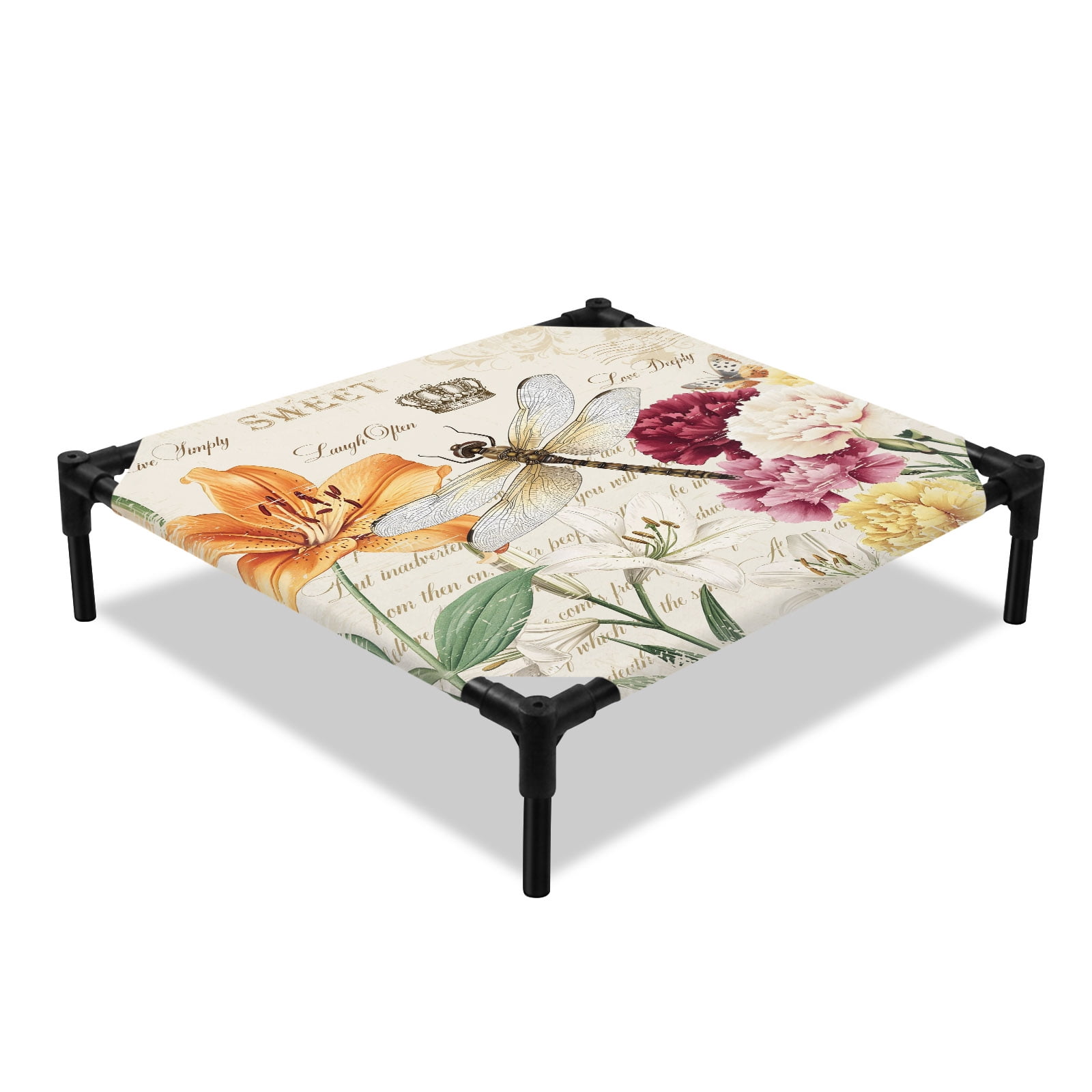 Spring Floral Elevated Dog Bed Watercolor Flowers Retro Dragonfly Letter Print Cooling Breathable Outdoor Raised Dog Cot Bed with Metal Frame Non-Slip Feet for Small Dog 20x20in