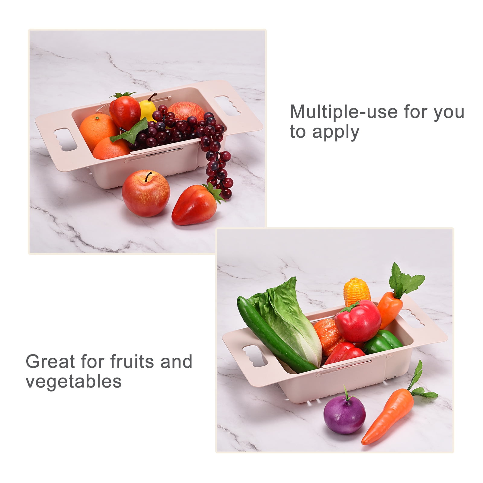 Unique Bargains Extendable Over the Sink Fruit Food Strainer Colanders Plastic Basket 1 Pc Cream
