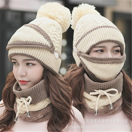 3 Pieces Set Women\'s Knitted Hat Scarf Caps Neck Warmer Winter Hat For Ladies Girls Skullies