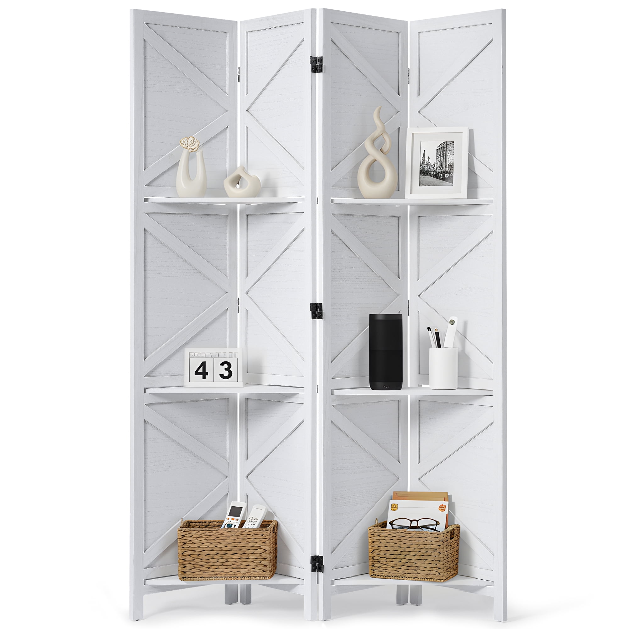 Jostyle 4 Panel Room Divider Privacy Screen with Storage Shelves - Foldable Partition with Natural Paulownia Wood Frame for Living Room, Bedroom, Office White