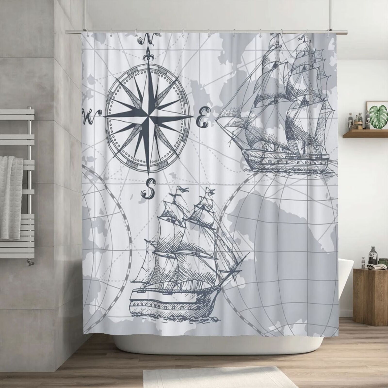 Nautical Sailboat Map Shower Curtain 72x72In for Bathroom Ship