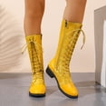thumbnail image 2 of Rokment Vintage Embossed Mid Calf Combat Boots for Women Ethnic Casual Leather Patchwork Chunky Block Low Heels Lace up Knee High Tall Dress Booties, 2 of 9