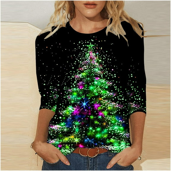 Uootdi Christmas Tree Shirts for Women Gift 3/4 Length Sleeve Tunic Blouses Xmas Tree Christmas Snowman Cute Print Tops Crew Neck