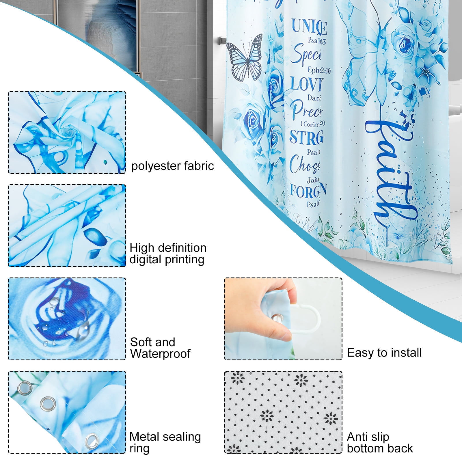 Dznils Blue Floral Shower Curtain Sets with Rugs, 16pc Butterfly Bathroom Curtain Set, 72" x 72"
