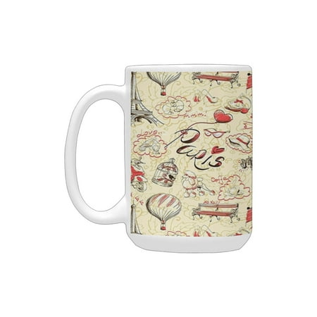

Paris Decor Collection French Culture Themed Doodle With Airship Croissants Coffee Hat Sunglasses Li Ceramic Mug (15 OZ) (Made In USA)