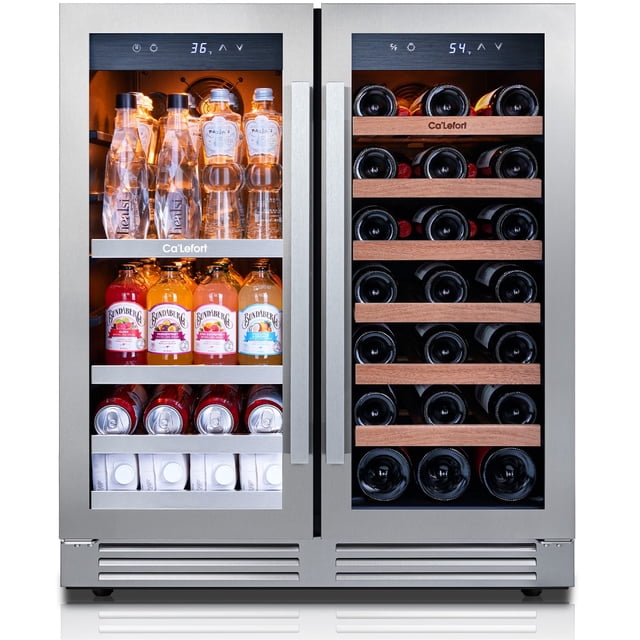 Ca'Lefort Réfrigérateur à Vin et à Boissons de 30 Pouces, Frigo à Vin à Double Zone avec Porte Française en Acier Inoxydable