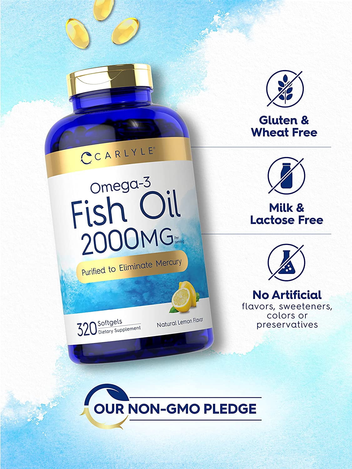 Fish Oil 2000mg | 320 Softgels | 600mg Total Omega 3 | Non-GMO & Gluten Free | by Carlyle