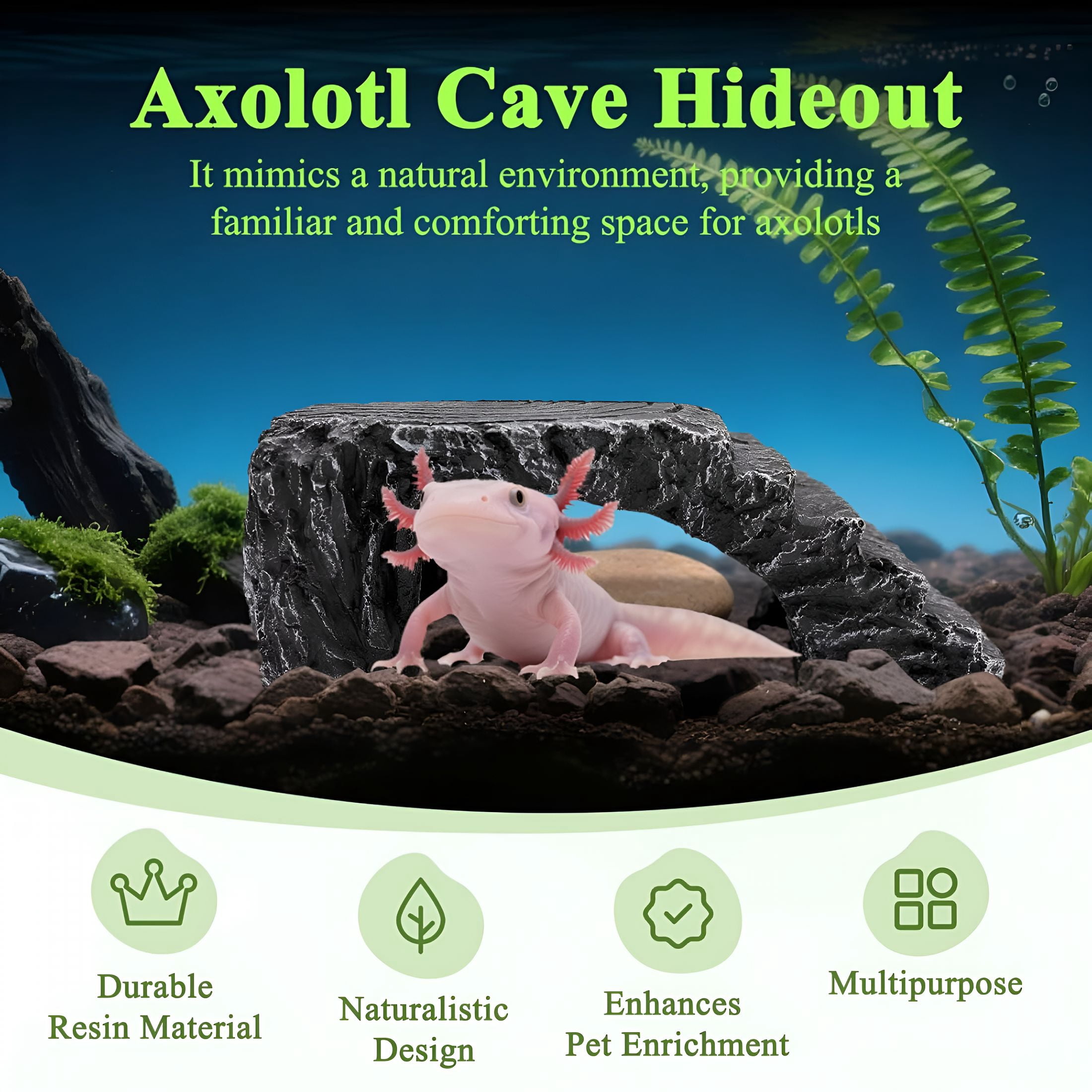 ACDANC Axolotl Cave Hides for Aquarium & Terrarium, Shelter for Pleco, Crabs, Fish, Turtles, Betta, Geckos, Frog, Resin Tank Decor