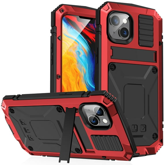 ELEHOLD for iPhone 14 Plus 6.7 Inch 2022 Case, Heavy Duty Armor Built-in Explosion-Proof Tempered Glass Screen Protector Wireless Charging Hang Rope Hidden Kickstand Shockproof Rugged Case,Red