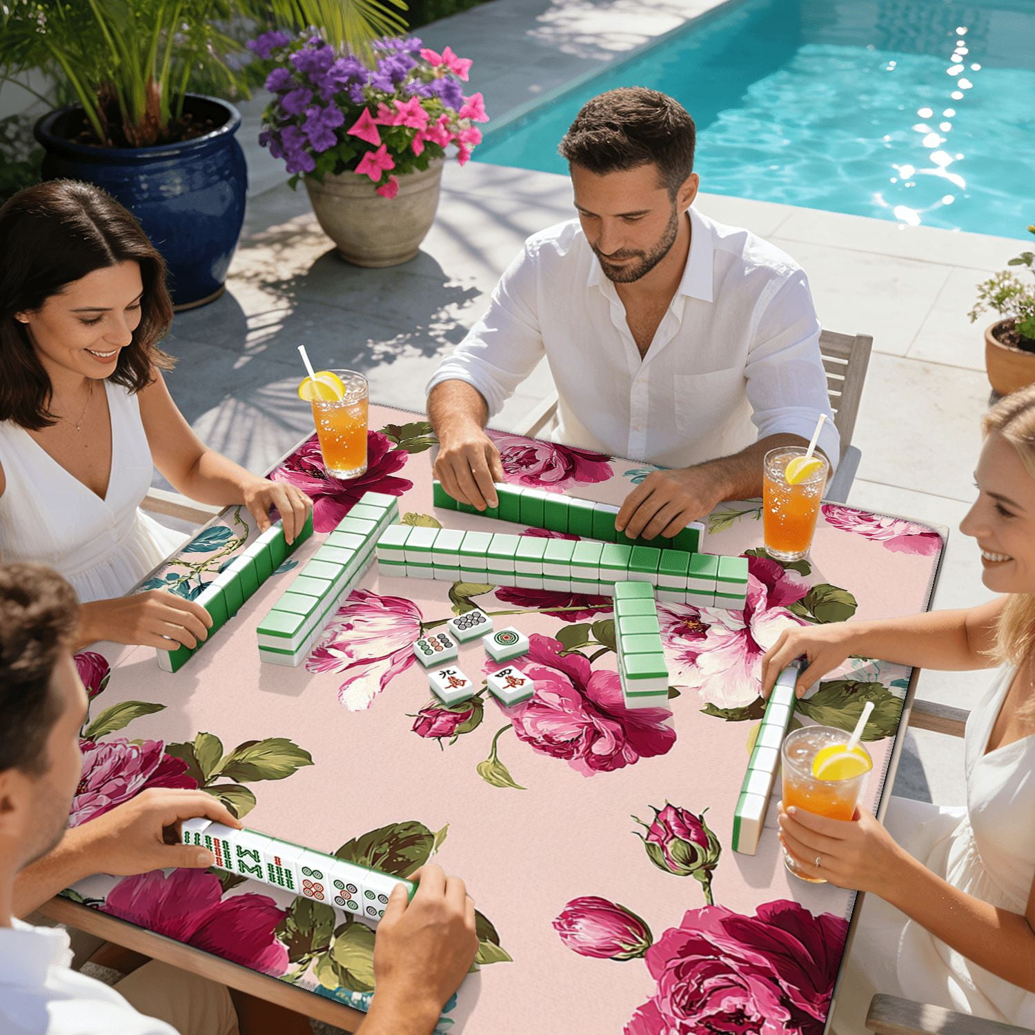 Mahjong Mat 31.5" x 31.5" Shabby chic vintage roses tulips forget me nots vintage seamless Non-Slip Noise Reduction American Mahjong Tiles Table Cover for Dominoes Poker Card Board Games Gift