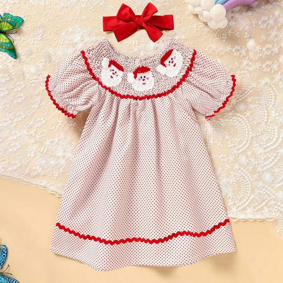 Viworld Toddler Baby Girl Smocked Christmas Dress Santa Claus Short Sleeve Princess Dresses Headband Xmas Outfit