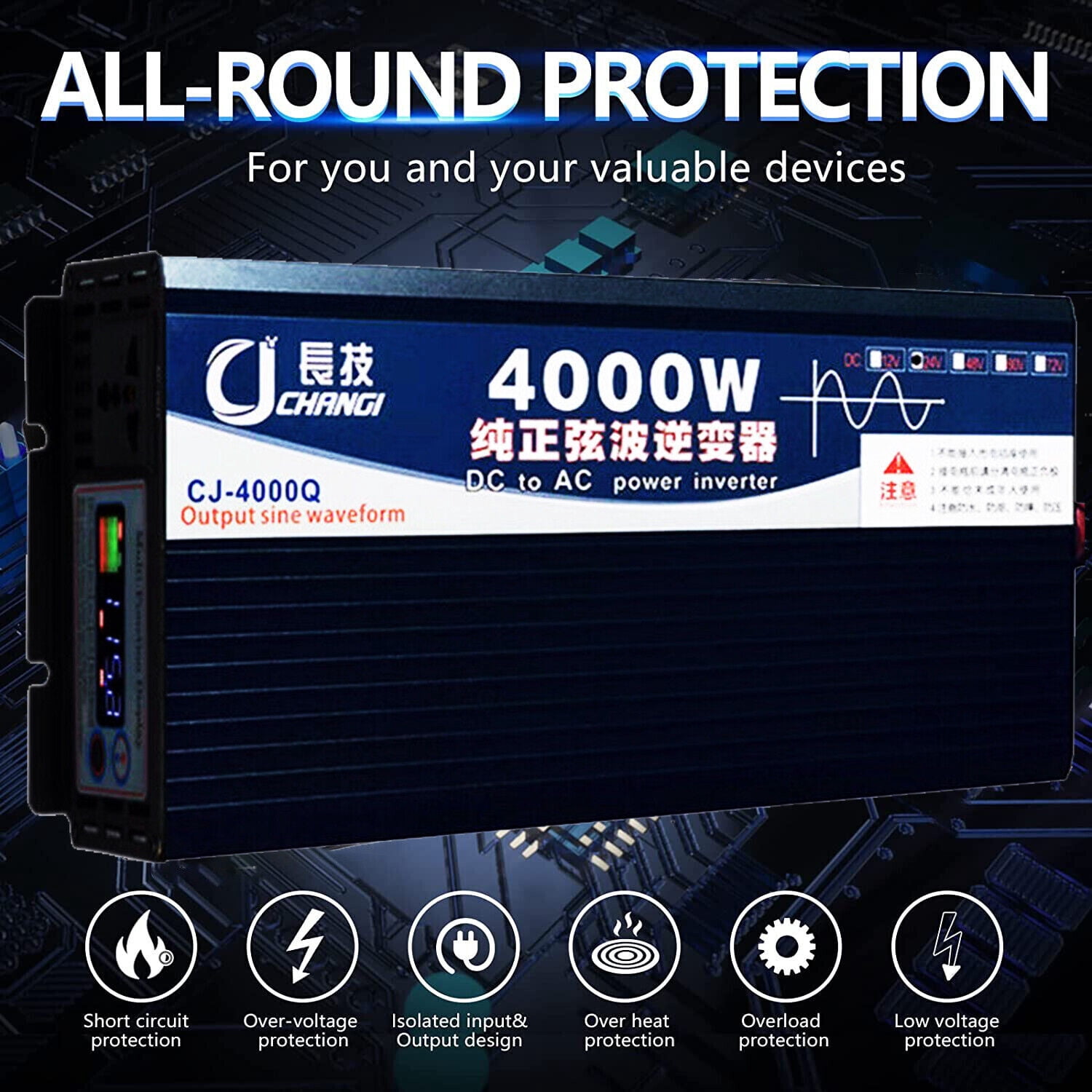SHANNA Power Inverter 4000W DC12V/24V/48V to AC 110V Pure Sine Wave Solar Converter For Home RV Truck Outdoor Camping