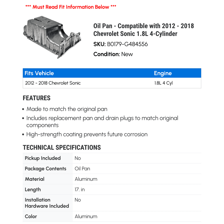 Oil Pan - Compatible with 2012 - 2018 Chevy Sonic 1.8L 4-Cylinder