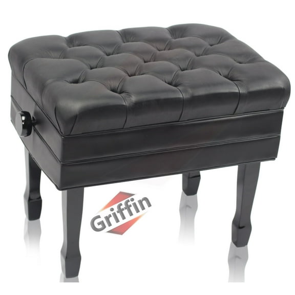 Genuine Leather Adjustable Piano Bench by Griffin Black Solid Wood Vintage Style & Heavy-Duty Ergonomic Keyboard Stool Cushion Seat With Storage Space Home Vanity Bench or Musicians Guitar Chair