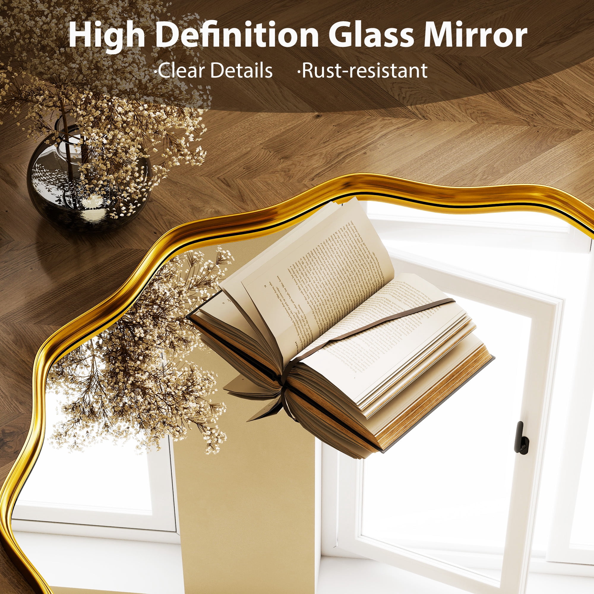 Easy4Home 24.2" Wavy Round Bathroom Mirror Wall Mounted Decorative Mirror With Deep Frame, Gold