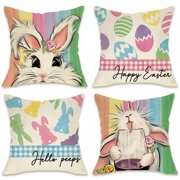 Fahrendom Happy Easter Bunny AIF4Decorative Throw Pillow Covers 18 x 18 Set of 4, Hello Peeps Rabbit Eggs Porch Patio Outdoor Pillowcase, Colorful Stripes Plaid Farmhouse Cushion Case Home Decor