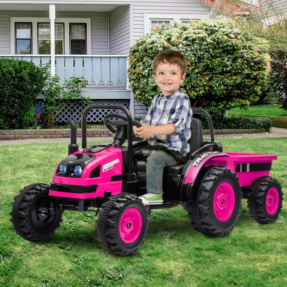 Kids Ride on Tractor Car with Trailer, 12V Battery Powered Electric Tractor with Remote Control, Kids Electric Vehicles with Bluetooth, Music, USB, LED Light, Safety Belt