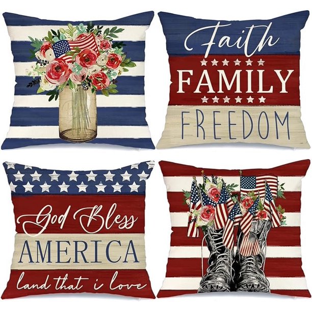 Juego de 4 fundas de almohada decorativas para el 4 de julio, 18 x 18, con diseño de estrellas y rayas, diseño de botas de la libertad, banderas florales, almohadas patrióticas, decoración del Día de
