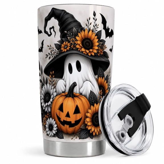 Sunflower Witch Ghost Tumbler, 20oz Insulated Drinkware for Halloween Fans Stainless steel insulated tumbler with lid, witch ghost and sunflower pumpkin art for water, iced coffee, or tea