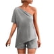 thumbnail image 1 of Moda para mujer Color sólido Verano 2 piezas Hombros inclinados irregulares Casual Sexy Tops Conjuntos de pantalones cortos Pompotops  ulkah937365, 1 of 7