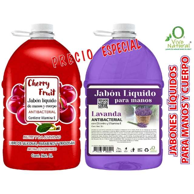 Duo Cherry Fruit - Lavanda VivoNatural Jabón Líquido Antibacterial para manos y cuerpo 5 litros