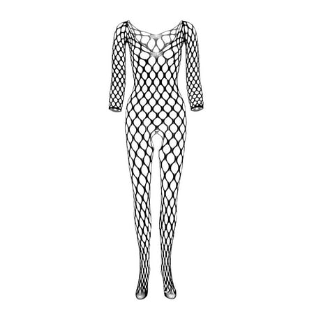 Sexy Lingerie For Women Sexy Breathable Sleeve Big Mesh Hole Through Yarn Solid Color Mesh Stockings Net Clothes Bodysuit