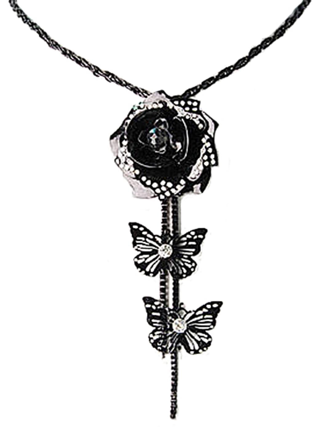 Feinuhan Black Metal Crystal Rhinestone 3d Rose Flower Butterfly Cut Out Tassel Necklace Walmart Com Walmart Com