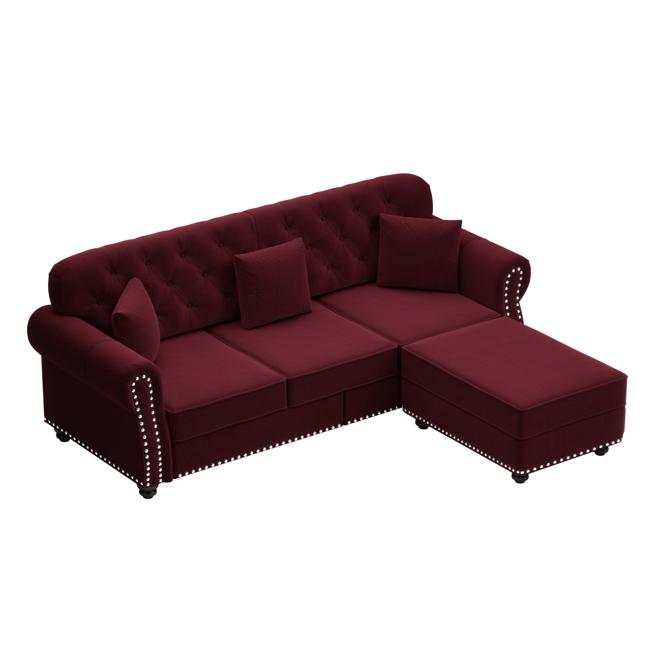 Noble House Kieran 3-Seater Velvet Chesterfield Sofa, Modern Tufted Armchair with Nailhead Trim and Ottoman, Burgundy