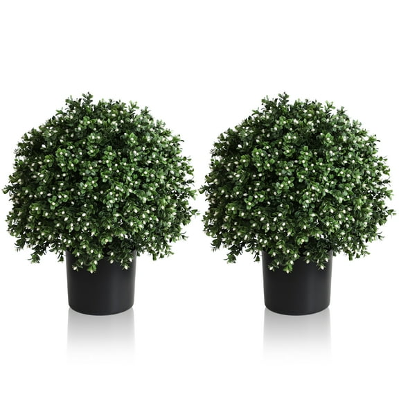 20 Inch Artificial Topiary Boxwood Ball Trees – Decorative Fake Greenery in Planter Pots for Front Porch, Indoor Walkway, Entryway Decorating, Set of 2
