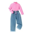 thumbnail image 2 of YWDJ 4-8 Years Old Spring And Autumns Set High Neck Long Sleeve Top Rolled Denim Pants Sports Leisure Two-piece Suit Pink 4Y, 2 of 9