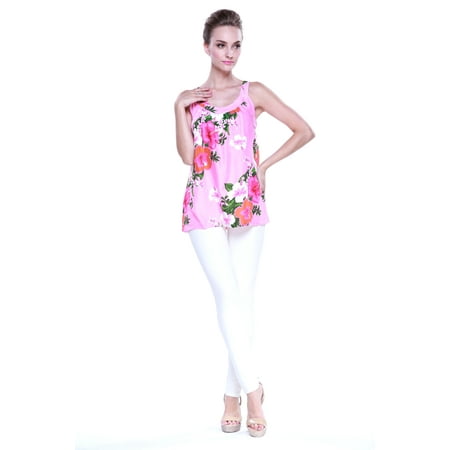 Aloha Fashion Women's Hawaiian Floral Tank Top in Light Pink with White and Red Floral