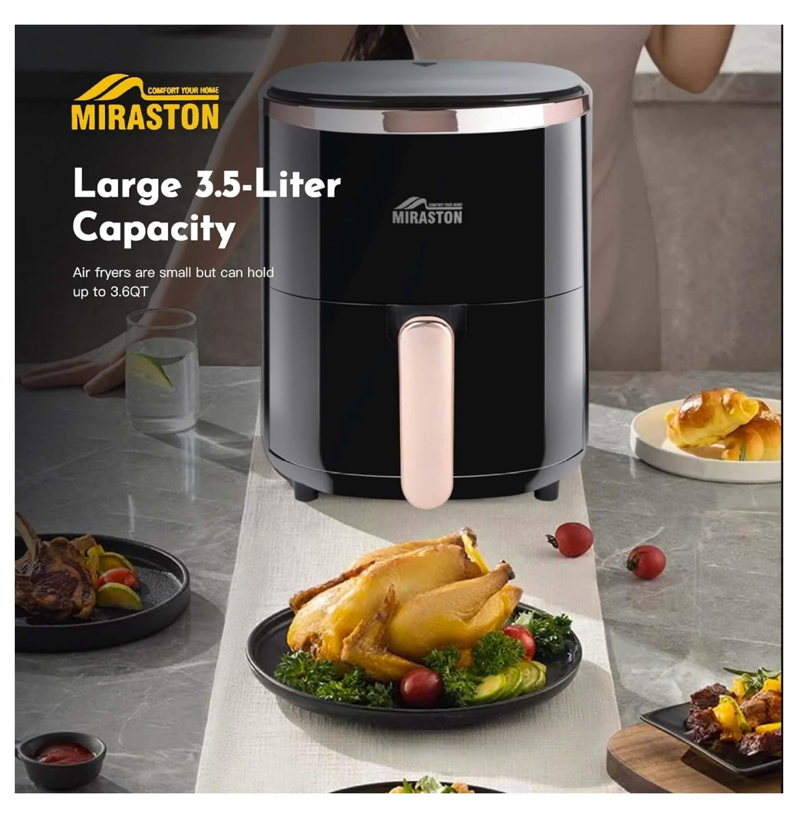 3.6QT Air Fryer with Digital Display, 9 Presets & Baking Pan – Compact Countertop Hot Air Fryer for Kitchen, Dorm & Apartment – Oil-Free Frying & Reheating