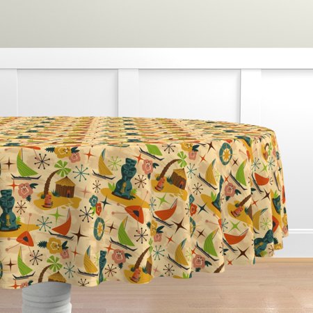

Cotton Sateen Tablecloth 70 Round - Mid Mod Tiki Century Modern Island Atomic Retro Head Hawaiian Village Beach 1950S Print Custom Table Linens by Spoonflower