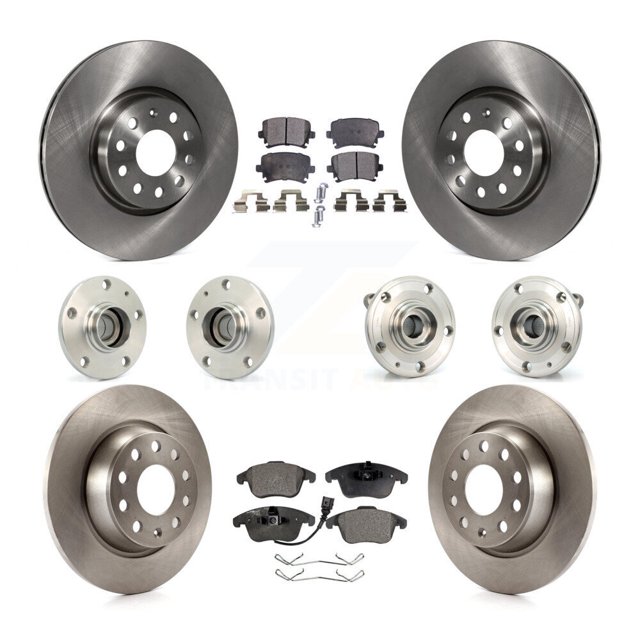 Transit Auto Front Rear Hub Bearings Assembly Disc Brake Rotors and Semi-Metallic Pads Kit (10Pc) for Car Volkswagen Tiguan Audi Q3 Limited - Left Right Side (Driver Passenger) KBB-108849