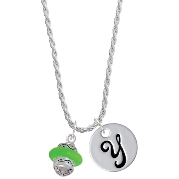 Delight Jewelry Silvertone Lime Green Center Spinner Silvertone Script Initial Disc - Y - Charm Necklace, 20"+3"