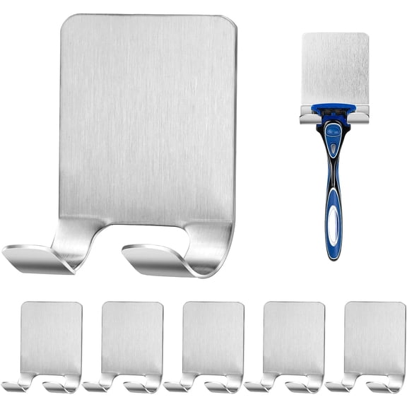 6 Pack Stainless Steel Razor Holder for Shower - Multi-Purpose Hook - Self-Adhesive Bathroom and Kitchen Wall Hook (Silver)