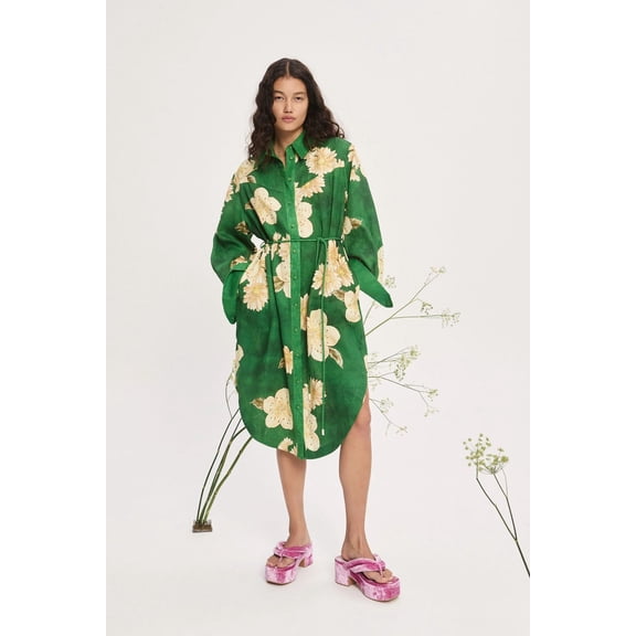 Women's New Linen Print Long-Sleeve Shirt Collar Tie Casual Dress