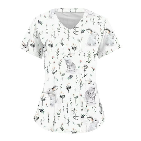 

Women Scrubs Top Cartoon Printed Short Sleeve V-Neck Workwear Uniform Nurses Clothing Top Blouse With Pockets Ladies Dailywear