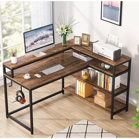UPC: 0648722159448 | 55/53 inch Reversible L Shaped Desk with Storage Shelf and Monitor Stand Corner Desk Retro Brown 53 W x 41 D x 35 H N/A