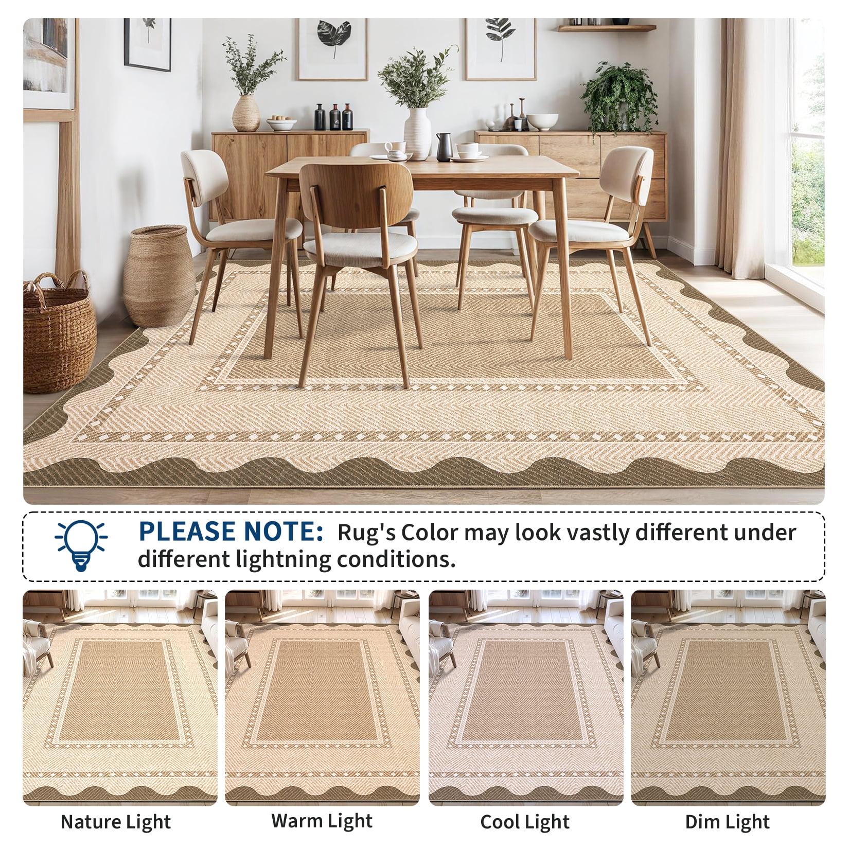 HIWEAVER Yellow 9' x 12' Washable Scalloped Bordered Pattern Area Rug for Living Room Indoor Throw Carpet ​Modern Non-Slip Foldable Floor Cover for Dorm Home Decor